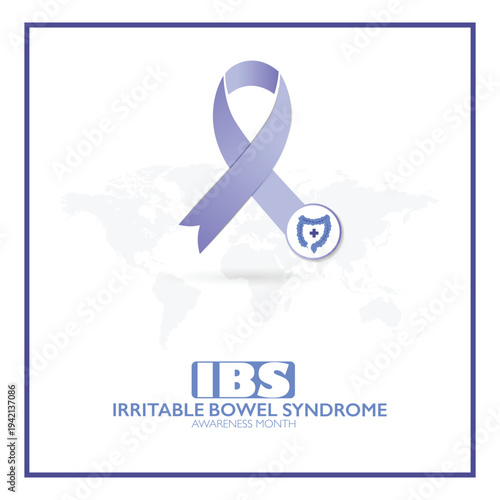 Vector illustration for bowel disease awareness month "IBS" with purple ribbon symbol. Medical concept highlighting digestive health, prevention, support, global campaigns for chronic gastrointestinal
