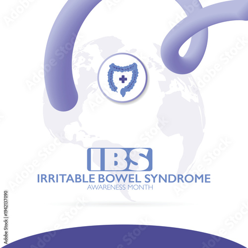 Vector illustration for bowel disease awareness month "IBS" with purple ribbon symbol. Medical concept highlighting digestive health, prevention, support, global campaigns for chronic gastrointestinal