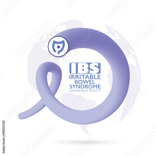 Vector illustration for bowel disease awareness month "IBS" with purple ribbon symbol. Medical concept highlighting digestive health, prevention, support, global campaigns for chronic gastrointestinal