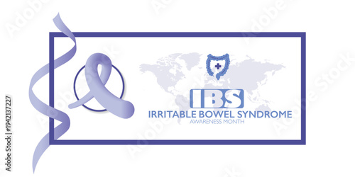 Vector illustration for bowel disease awareness month "IBS" with purple ribbon symbol. Medical concept highlighting digestive health, prevention, support, global campaigns for chronic gastrointestinal