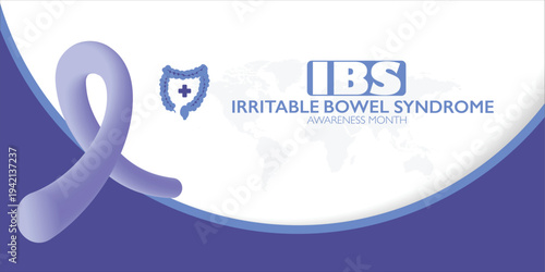 Vector illustration for bowel disease awareness month "IBS" with purple ribbon symbol. Medical concept highlighting digestive health, prevention, support, global campaigns for chronic gastrointestinal