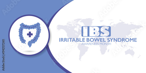 Vector illustration for bowel disease awareness month "IBS" with purple ribbon symbol. Medical concept highlighting digestive health, prevention, support, global campaigns for chronic gastrointestinal