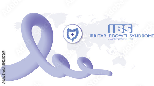 Vector illustration for bowel disease awareness month "IBS" with purple ribbon symbol. Medical concept highlighting digestive health, prevention, support, global campaigns for chronic gastrointestinal