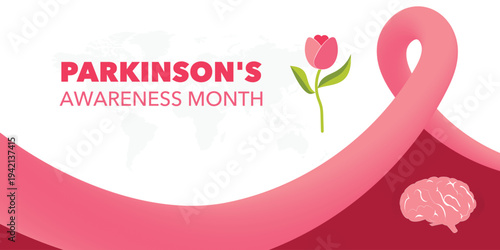 Vector illustration for Parkinson’s Awareness Month featuring tulip flower, brain and awareness ribbon. Medical concept highlighting neurological disease awareness, support, research, and global campa