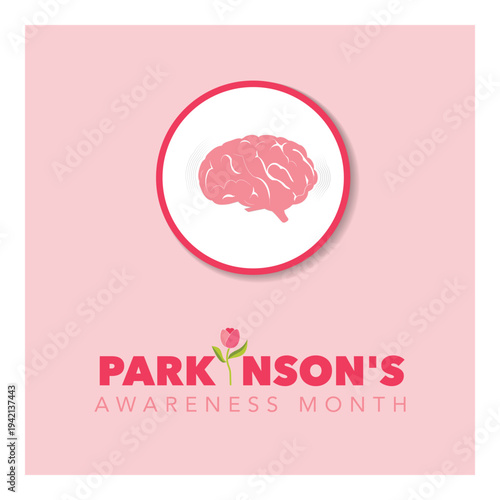 Vector illustration for Parkinson’s Awareness Month featuring tulip flower, brain and awareness ribbon. Medical concept highlighting neurological disease awareness, support, research, and global campa