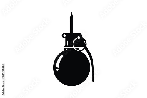 A black silhouette illustration of a classic pin-triggered hand grenade with a safety lever and pointed fuse, symbolizing danger and explosive power in a minimalist graphic design element.