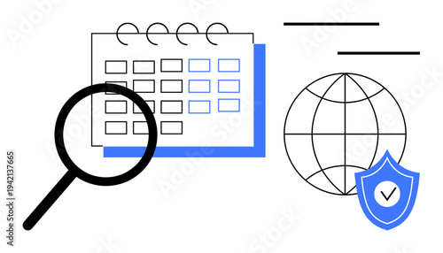 Magnifying glass over calendar, globe with shield icon, and horizontal text lines. Ideal for scheduling, planning, global reach, data security, productivity research time management. Simple flat