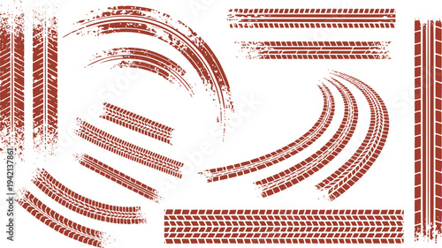 Set of red grunge car tire tracks Dirty tire tracks and skid marks set. Grunge muddy wheel tread prints for off-road, motorsport, racing, and extreme sports design.