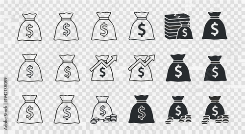 Money bag icon set. Dollar money with sack. Symbols for wealth, investment, banking, and financial growth in outline and solid black styles. Vector illustration.