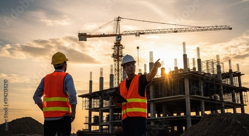 Construction Engineers Discussing Progress at Golden Hour Building Site