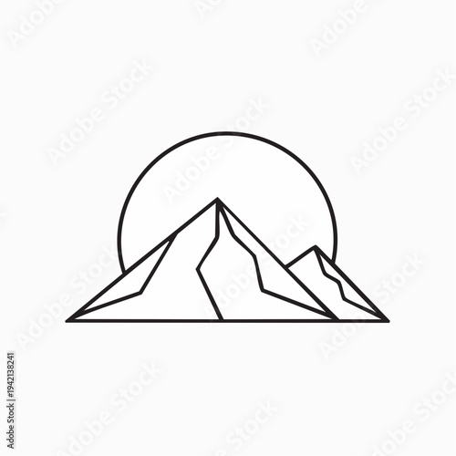 Simple Line Drawing of Mountains and Sun.
