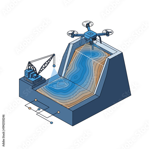 Illustration of a drone and crane surveying a reservoir or dam, depicting topographic mapping and data collection for infrastructure monitoring.