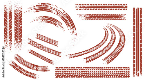 Set of red grunge car tire tracks Dirty tire tracks and skid marks set. Grunge muddy wheel tread prints for off-road, motorsport, racing, and extreme sports design.