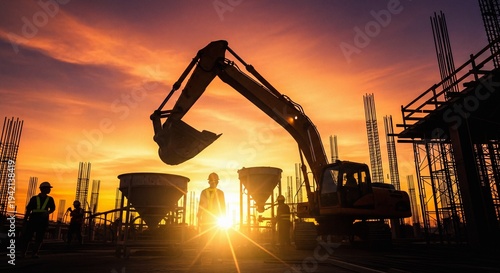 Silhouetted Construction Workers and Excavator Against a Fiery Sunset Sky at a Building Site