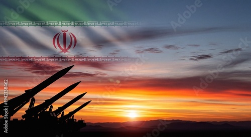 Iranian Ballistic Missiles Silhouetted Against a Dramatic Sunset Sky with the National Flag Overlay Symbolizing Strength and Defense.