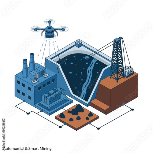 Illustration depicting autonomous and smart mining operations, showcasing a drone surveying a mine, a processing plant, and heavy machinery.