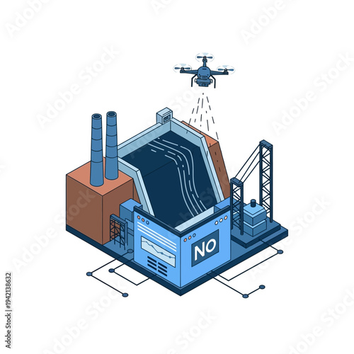 Isometric illustration of a smart factory with a drone monitoring operations and a large screen displaying 'NO'.