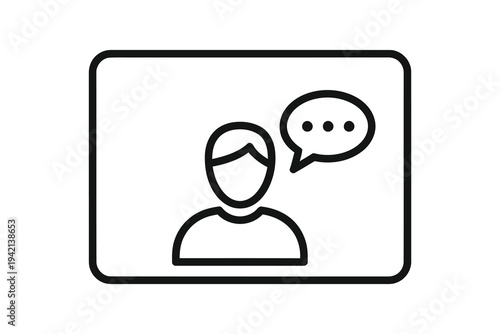 A simple line drawing of a person with a speech bubble on a screen, symbolizing online communication and digital conversation.