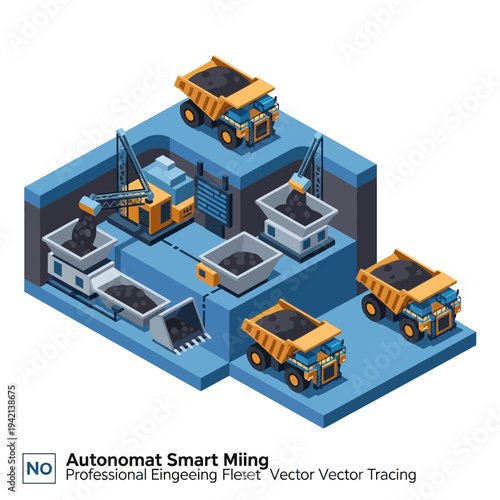 Isometric illustration of an automated smart mining operation with excavators, trucks, and conveyor belts processing coal.