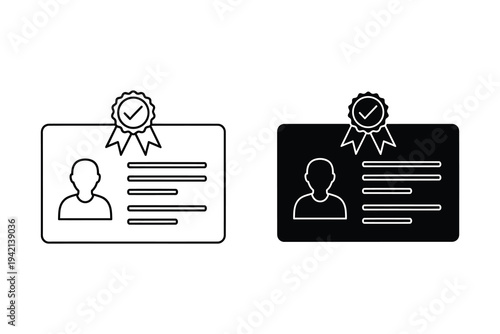 Verified ID badge icons with checkmark seal, isolated on white background, for user authentication and identity verification purposes in various digital applications.