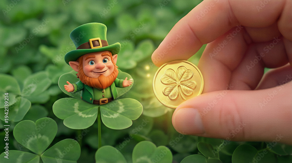Fototapeta premium Golden coin with four-leaf clover held by fingers near tiny leprechaun. St Patrick's Day celebration and folklore concept.
