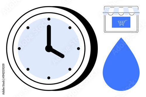 Time management, sustainability, e-commerce, online shopping, environment, resource conservation. Image of a clock, water drop and a storefront icon. Time management and sustainability concepts