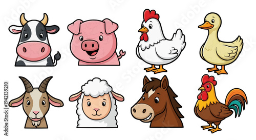 Cheerful cartoon farm animals lineup on white backdrop, friendly front view illustration