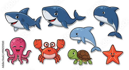 Playful cartoon sea creatures smiling in tidy rows, digital kids illustration