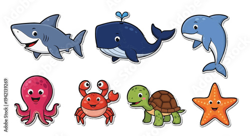 Playful Collection of Seven Cheerful Sea Creatures on White Background