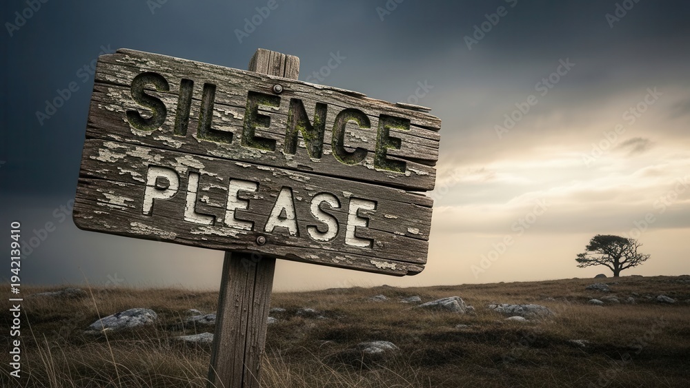 Obraz premium Wooden Silence Please Sign in Rural Landscape