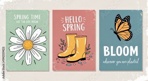 Spring Cards with Hand-Drawn Daisy Rain Boots Butterfly Illustrations on Distressed Background