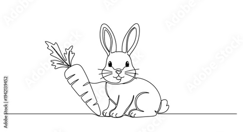 Cute rabbit holding carrot in simple line art