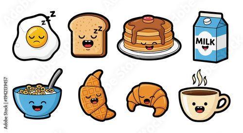 Cheerful breakfast cartoon characters smiling on white background in two rows
