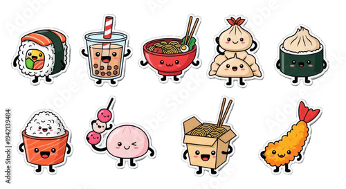 Playful cartoon food characters arranged in whimsical rows for digital stickers