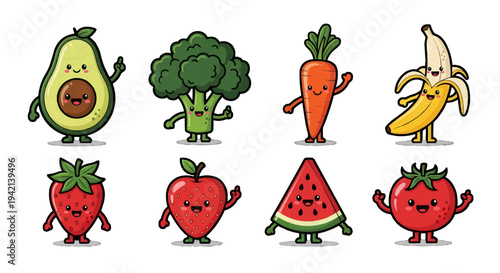 Cheerful cartoon fruits and vegetables with smiling faces on white background