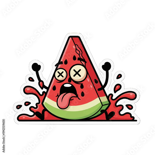Cartoon watermelon slice with X eyes and tongue out in comical death pose on white