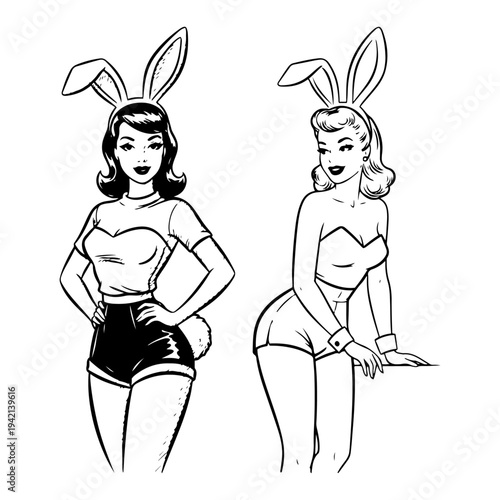Retro pin up girls wearing sexy bunny ears and outfits in classic black and white line art style