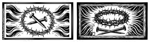 Artistic woodcut illustrations of the crown of thorns and crucifixion nails representing the passion of Jesus Christ