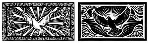 Religious woodcut style illustration of a flying dove as a symbol of peace and the Holy Spirit with radiant rays