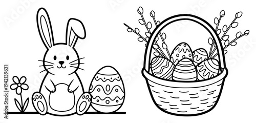 Cute Easter bunny sitting next to a decorated egg and a wicker basket with willow branches in line art style
