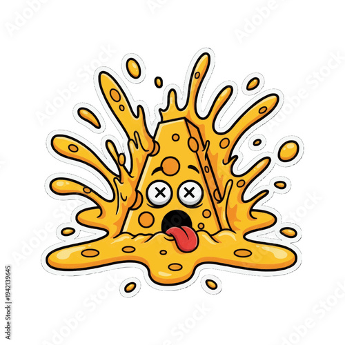 Cheese splash cartoon melting with face tongue sticking out funny food character illustration