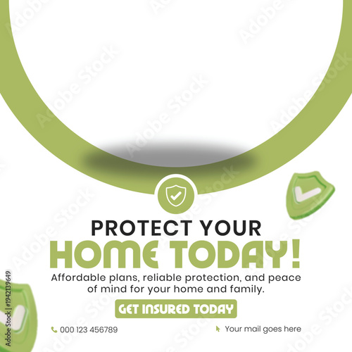 Home Insurance Protection Concept with House Model and Green Shield – Protect Your Home Today Banner