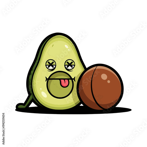 Playful cartoon avocado leaning on baseball with silly face expression