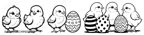 Adorable baby chicks standing beside various decorated Easter eggs in black line art style