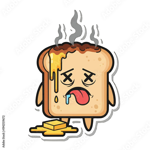 Furious cartoon toast sweating melted cheese with angry face isolated illustration