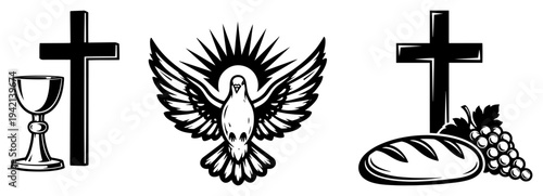 Set of Christian religious symbols including holy chalice dove and cross with bread and grapes