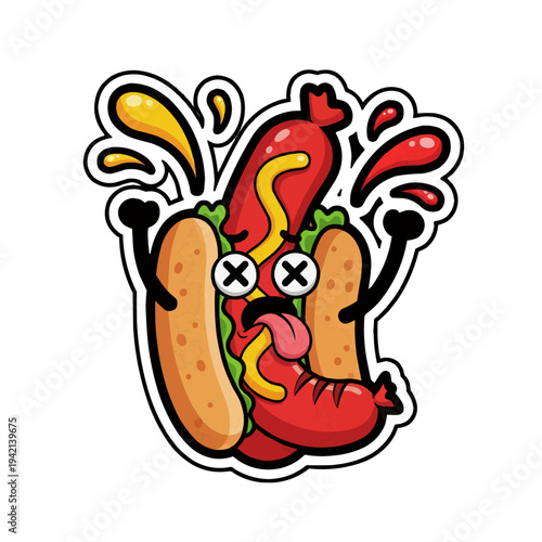 Jubilant cartoon hot dog with mustard mustache celebrating on white backdrop