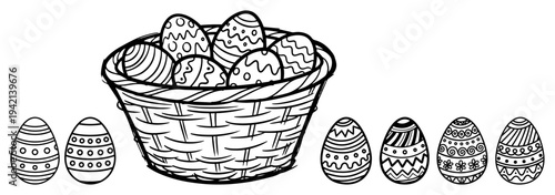 Traditional wicker basket filled with a collection of decorated Easter eggs in line art