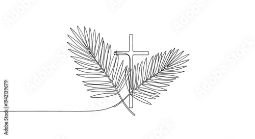 Elegant cross symbol with palm leaves in minimalist line art