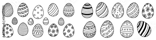 Large collection of diverse Easter eggs with various patterns and floral ornaments in clean line art